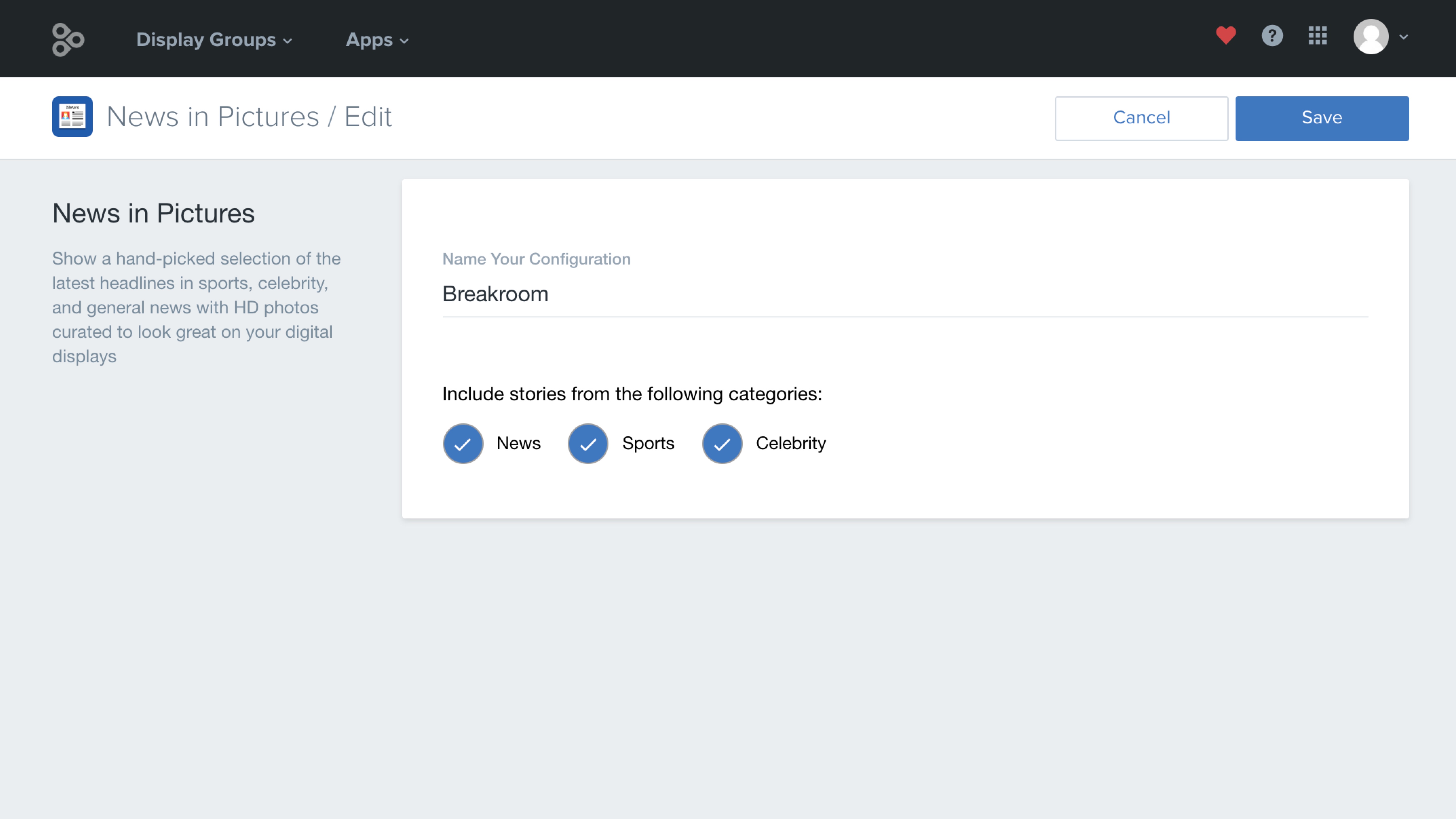 News in Pictures app configuration screen