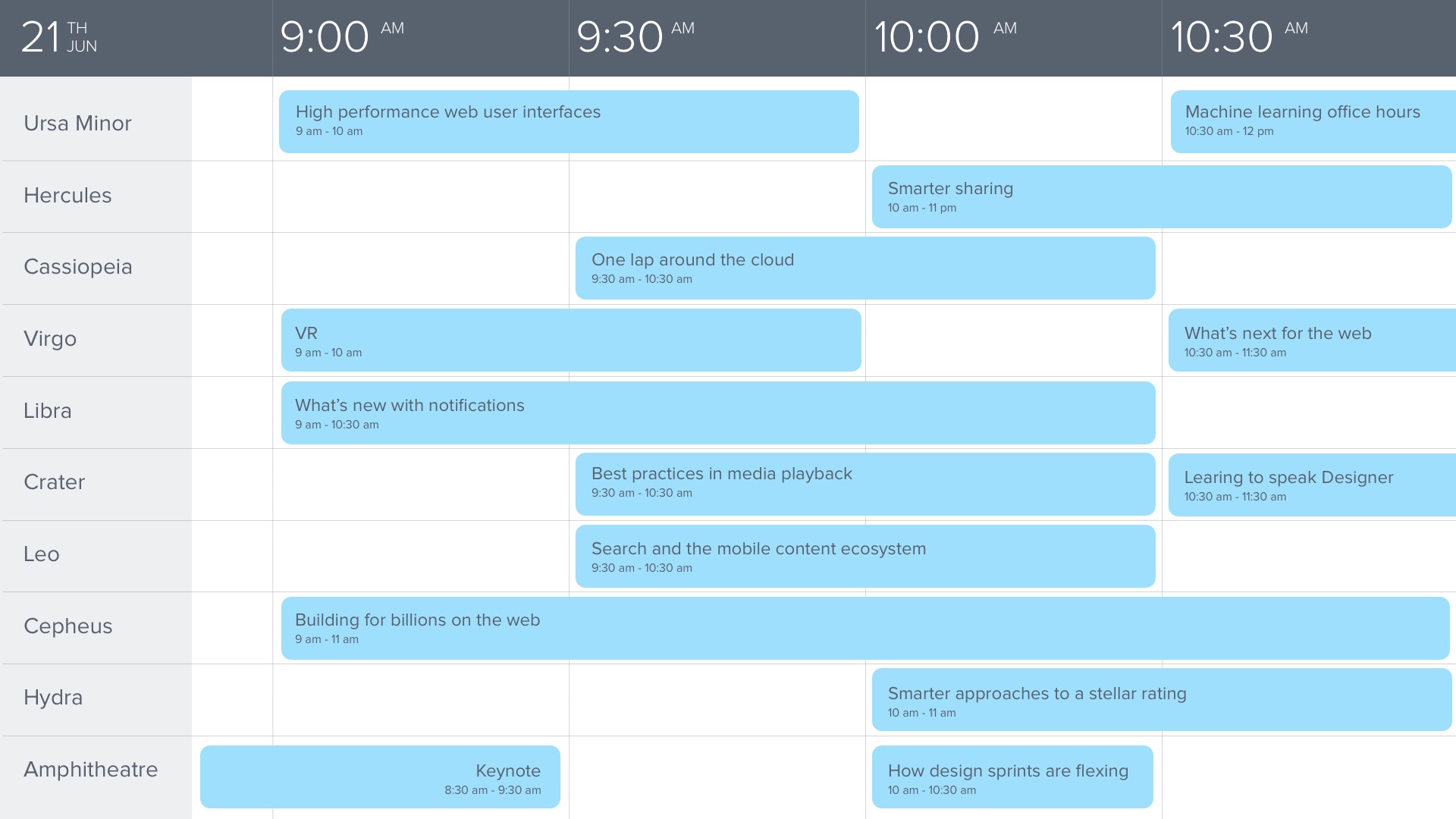 Enplug Calendar App showing hourly scheduled usage of rooms with large custom header