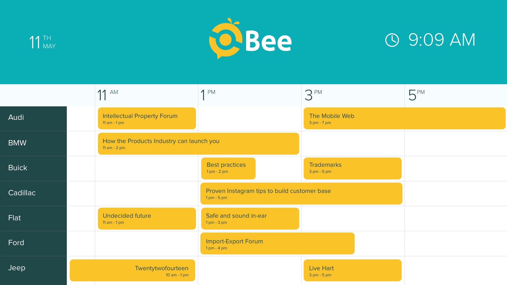 Enplug Calendar App showing hourly scheduled usage of rooms