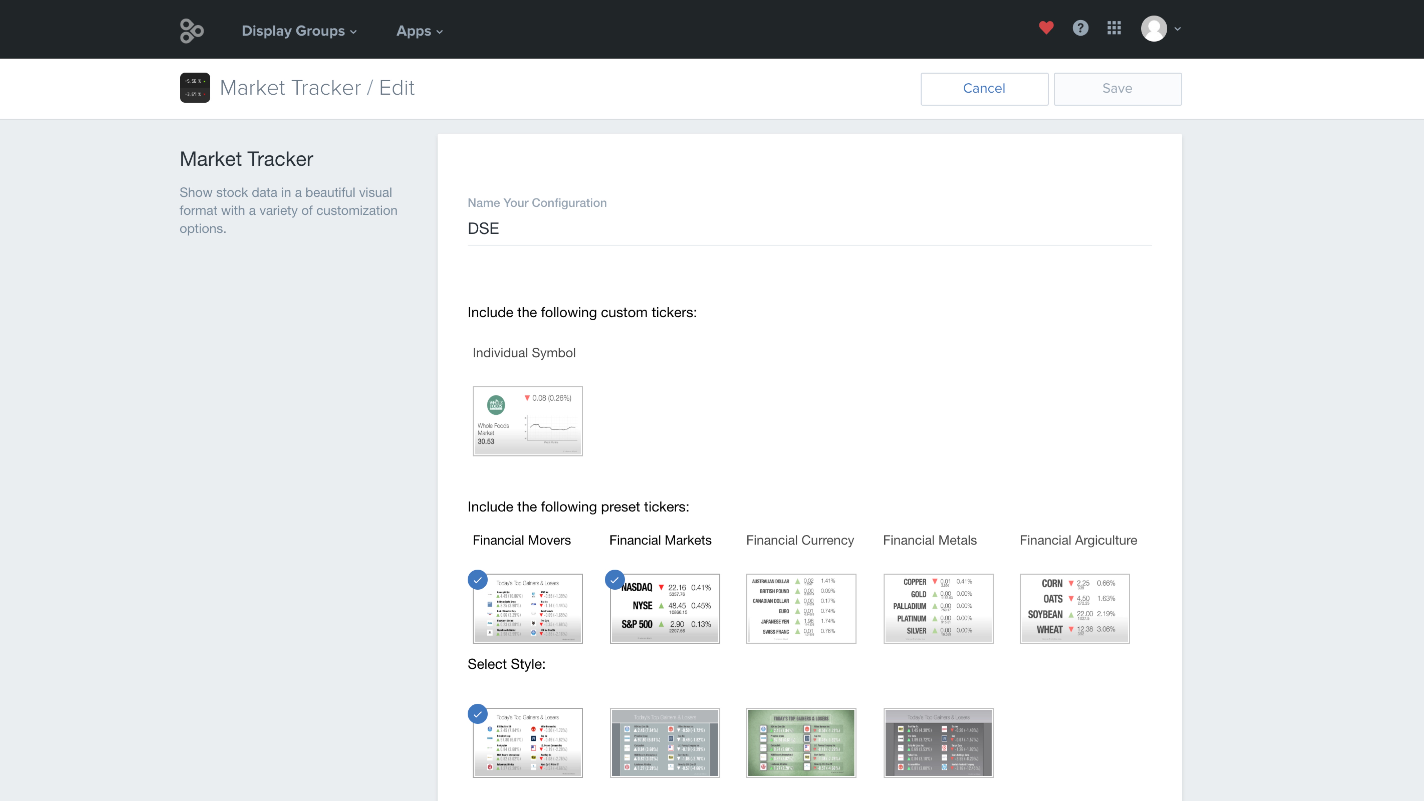 Market Tracker App configuration screen