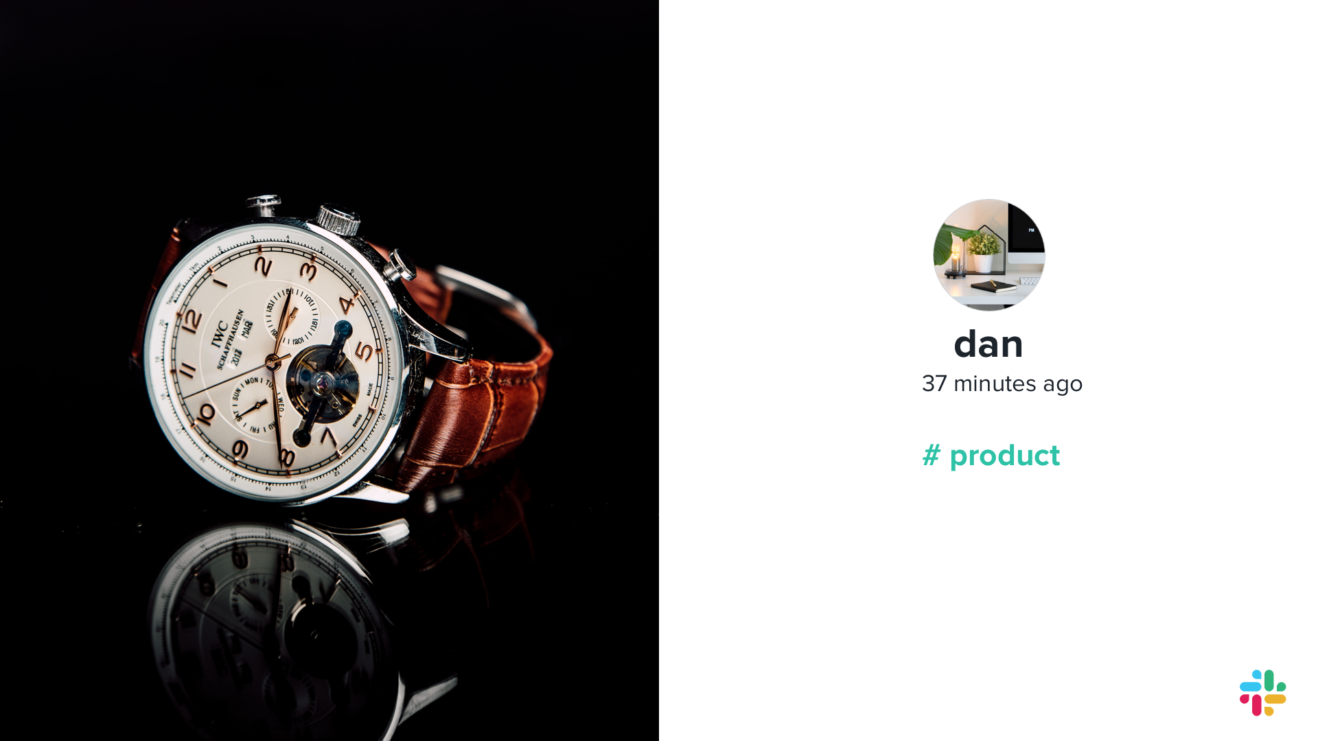 Digital signage Slack App showing an image shared in the product channel.