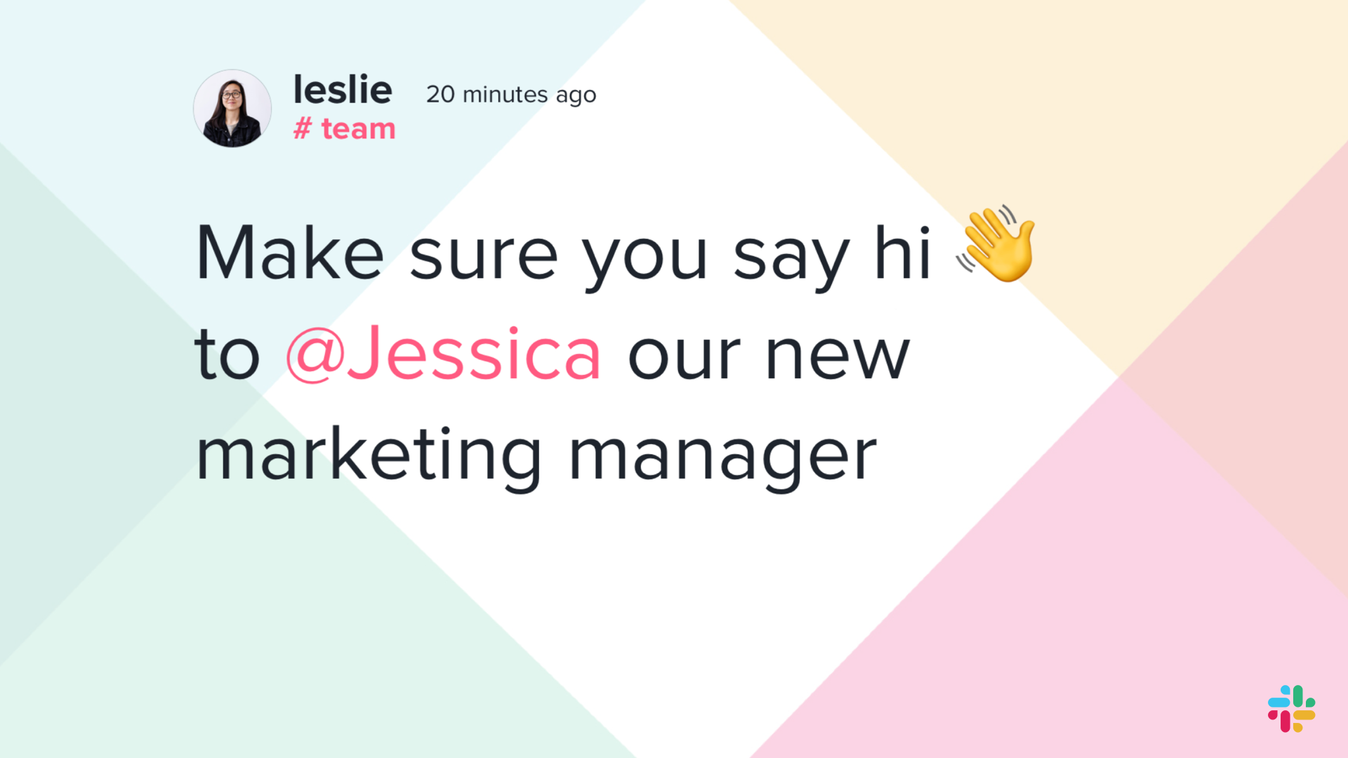 Digital signage Slack App showing message welcoming new marketing manager