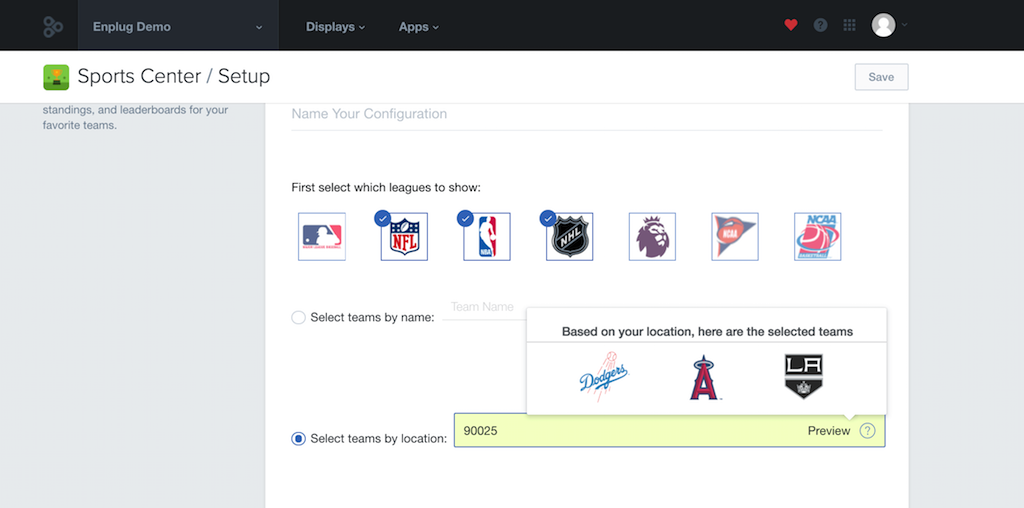 Sports Center App configuration screen