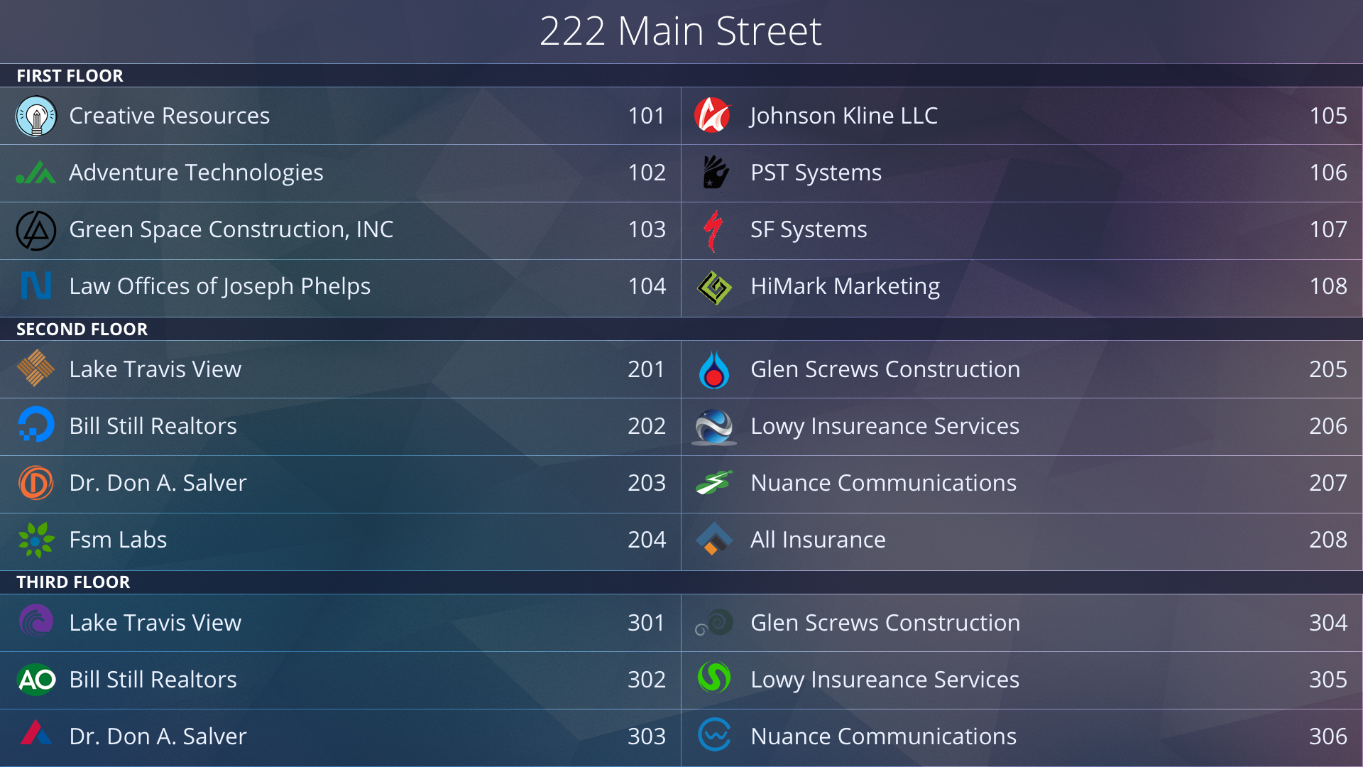 Example of building directory app with company logos